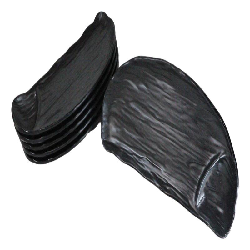 Pack Of 6 Half Moon Matte Black Melamine 2 Partitions Sushi Plates Platters 11"L