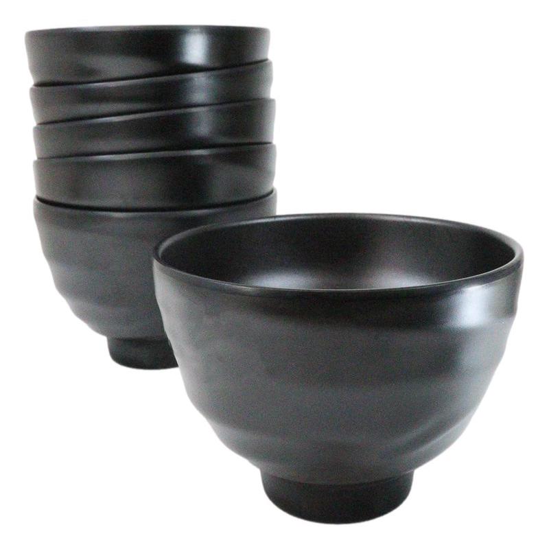 Pack Of 6 Modern Ridged Matte Black Melamine Deep Ramen Soup Pasta Bowls 46oz