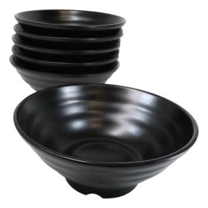 Pack Of 6 Modern Ridged Matte Black Melamine Large Round Ramen Soup Bowls 48oz