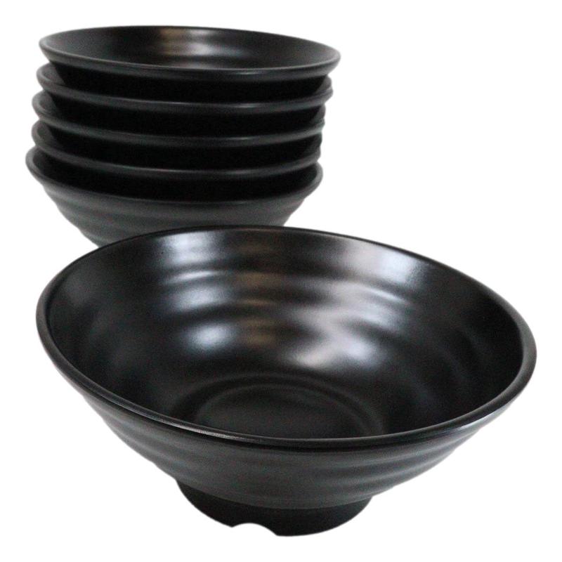 Pack Of 6 Modern Ridged Matte Black Melamine Large Round Ramen Soup Bowls 48oz
