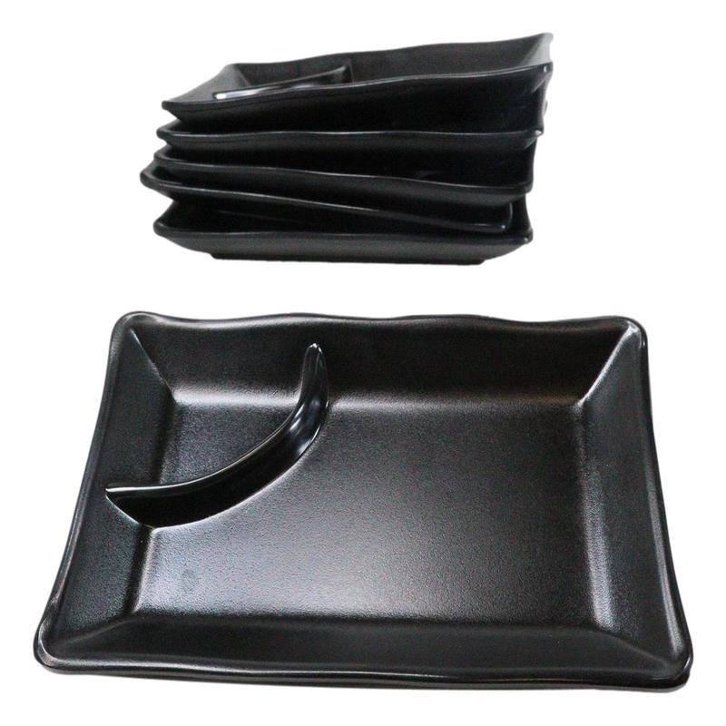 Pack Of 6 Ridged Matte Black Melamine 2 Partitions Rectangular Sushi Plates