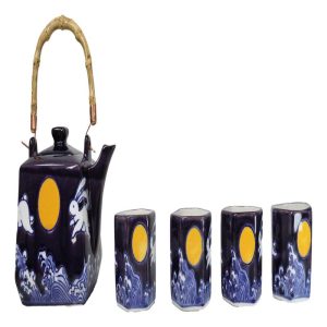 Purple Blue Night Moon White Rabbit Ceramic Hexagonal Teapot With 4 Tea Cups Set