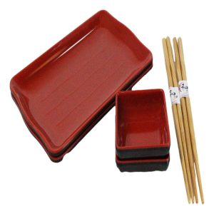 Red Black Melamine Wavy Sushi Plates Sauce Dishes And Chopsticks Set Serves 2