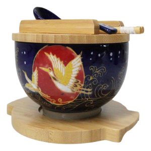 Red Moon Golden Crane Donburi Ramen Bowl With Lid Trivet Spoon Chopsticks Set