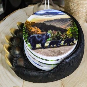 Rustic Forest Black Bear Clawed Paw Coaster Holder With 4 Trail Bears Coasters