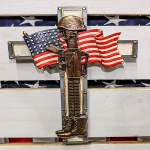 Rustic USA Flag American Fallen Soldier Helmet Rifle Boots Memorial Wall Cross