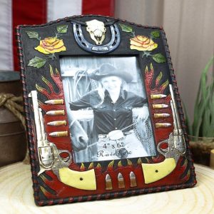 Rustic Western Cowboy Dual Gun Revolvers Horseshoe Cow Skull Photo Frame 4"X6"