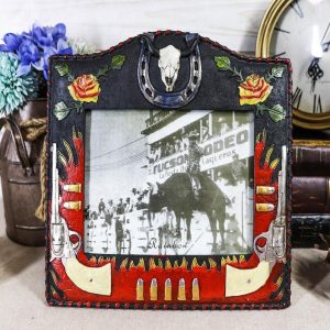 Rustic Western Cowboy Dual Gun Revolvers Horseshoe Cow Skull Photo Frame 5"X7"