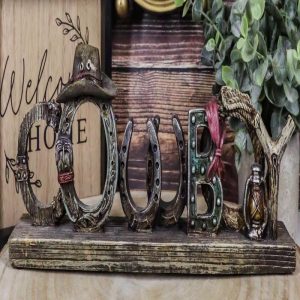 Rustic Western Cowboy Sign Ropes Hat Horseshoes Faux Barnwood Desktop Plaque