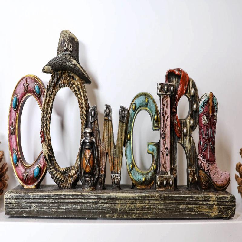 Rustic Western Cowgirl Sign Ropes Hat Horseshoe Faux Barnwood Desktop Plaque