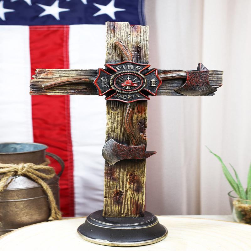 Rustic Western Fire Department Maltese Cross Fireman Axes Desktop Plaque Cross