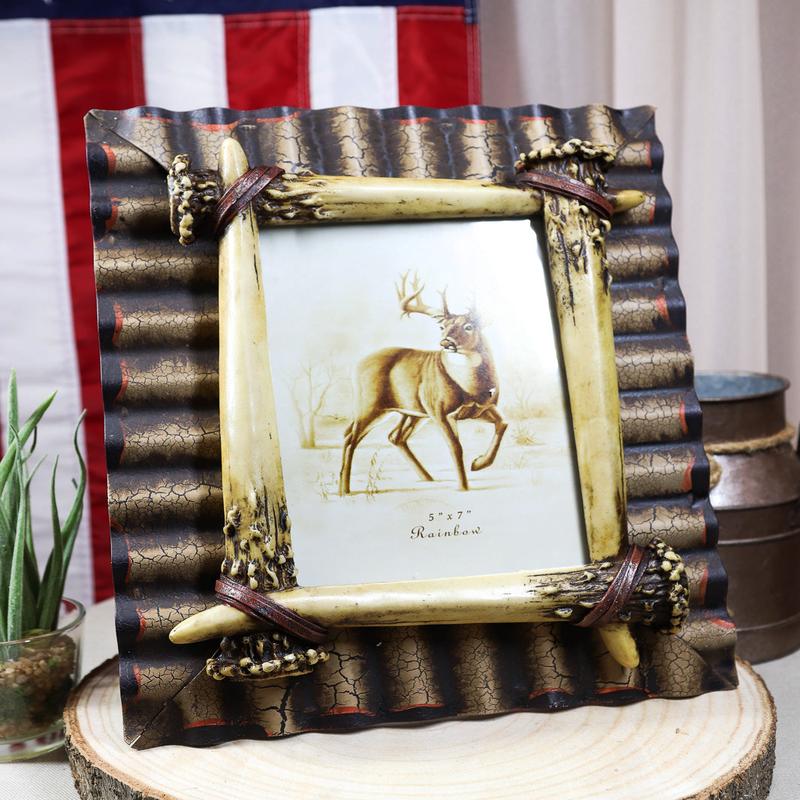 Rustic Western Galvanized Metal Buckhorn Stag Deer Antlers 5"X7" Photo Frame