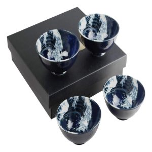 Set Of 4 Blue Japanese Hokusai Great Wave Porcelain Soup Rice Dessert Bowls 11oz