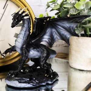 Small Mythical Fantasy Black Midnight Dragon On Volcanic Rock DecorFigurine
