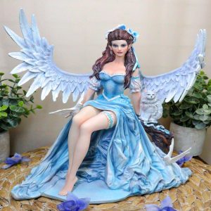 Spirit of Winter Blue Frozen Realm Angel Queen With Doves And White Cat Statue