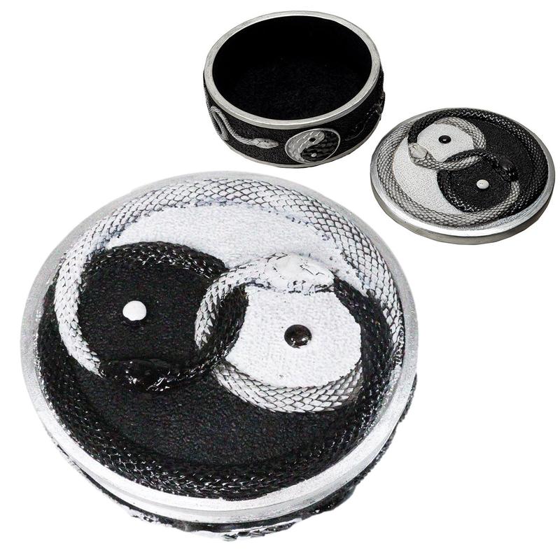 Spiritual Harmony Black And White Coiled Yin Yang Snake Small Trinket Box 4"D