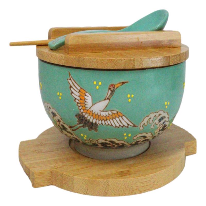 Turquoise Japanese Crane Donburi Ramen Bowl With Lid Trivet Spoon Chopsticks Set