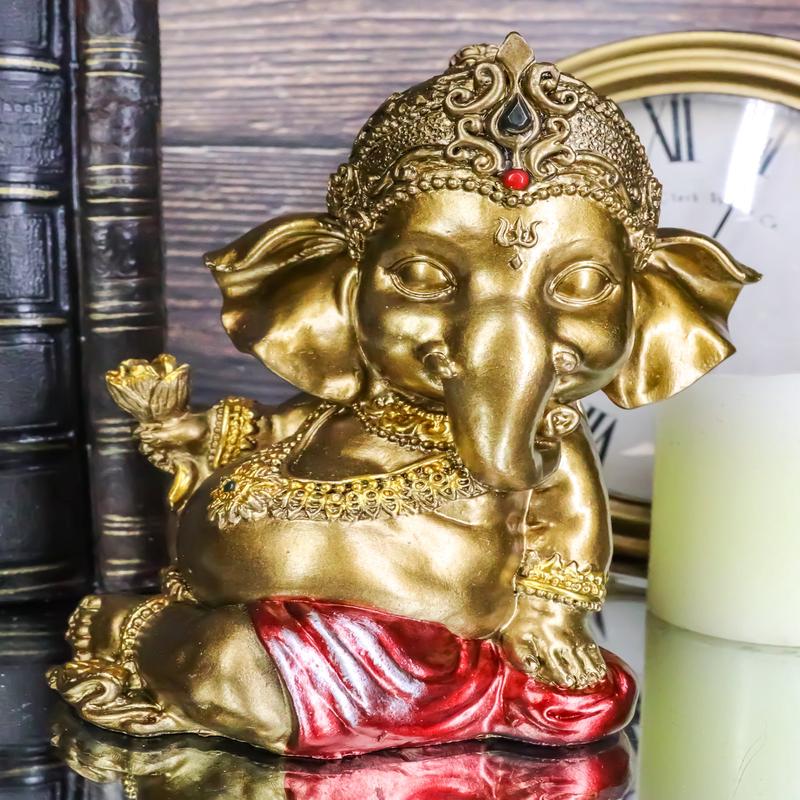 Vastu Hindu Elephant God Baby Ganesha Ganapati Holding Lotus Flower Figurine