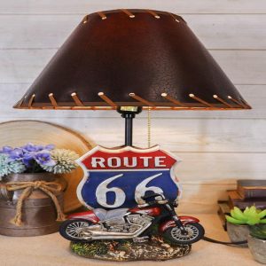 Vintage Retro Red Motorcycle By Route 66 Highway Sign Desktop Table Lamp 19"Tall