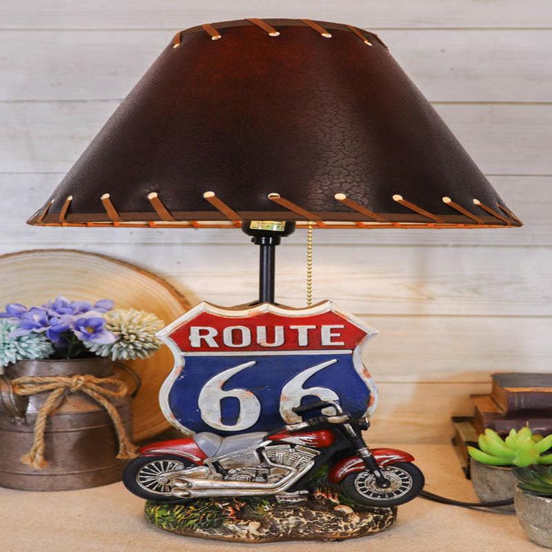 Vintage Retro Red Motorcycle By Route 66 Highway Sign Desktop Table Lamp 19"Tall