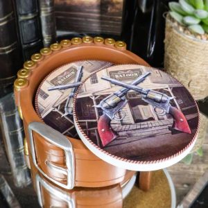 Western Cowboy Ammo Bullets Belt With Dual Crossed Revolver Guns Coaster Set