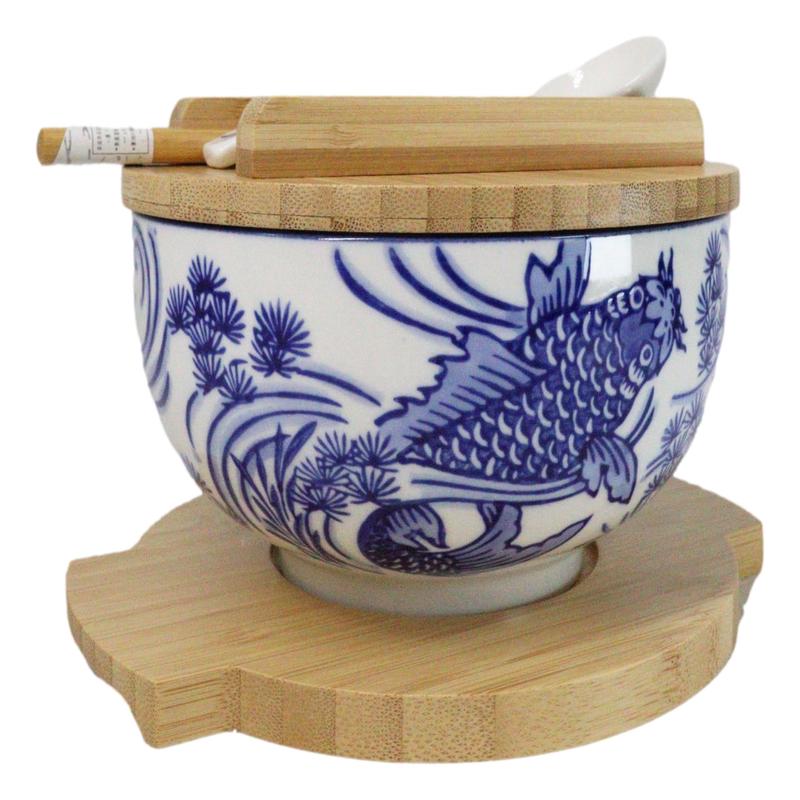 White Blue Koi Fish 28Oz Donburi Ramen Bowl With Lid Trivet Spoon Chopsticks Set