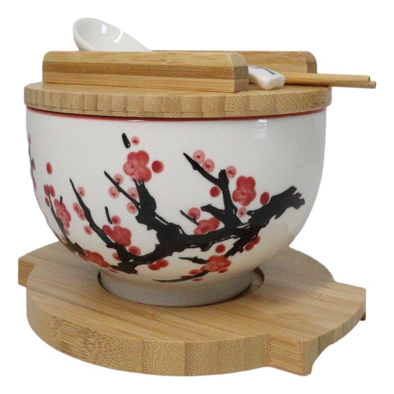 White Ume Plum Blossoms Donburi Ramen Bowl With Lid Trivet Spoon Chopsticks Set