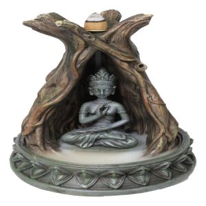Amitabha Buddha Meditating Inside Tree Trunk Backflow Incense Burner Figurine
