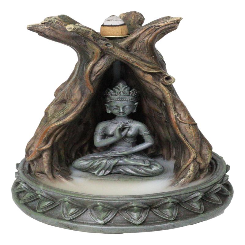 Amitabha Buddha Meditating Inside Tree Trunk Backflow Incense Burner Figurine
