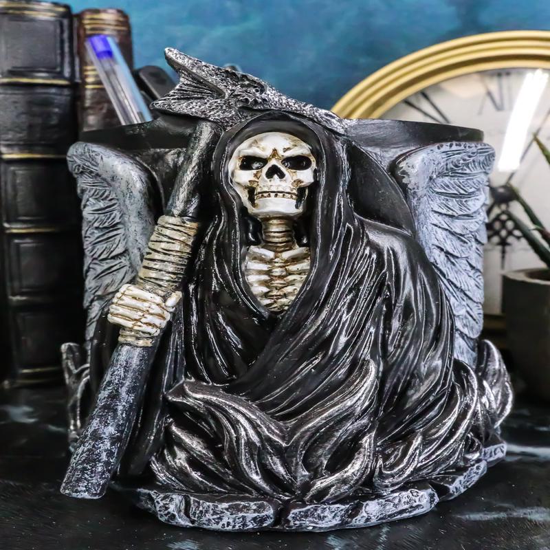 Ange Winged Grim Reaper With Scythe Pen Stationery Make Up Brush Holder Figurine