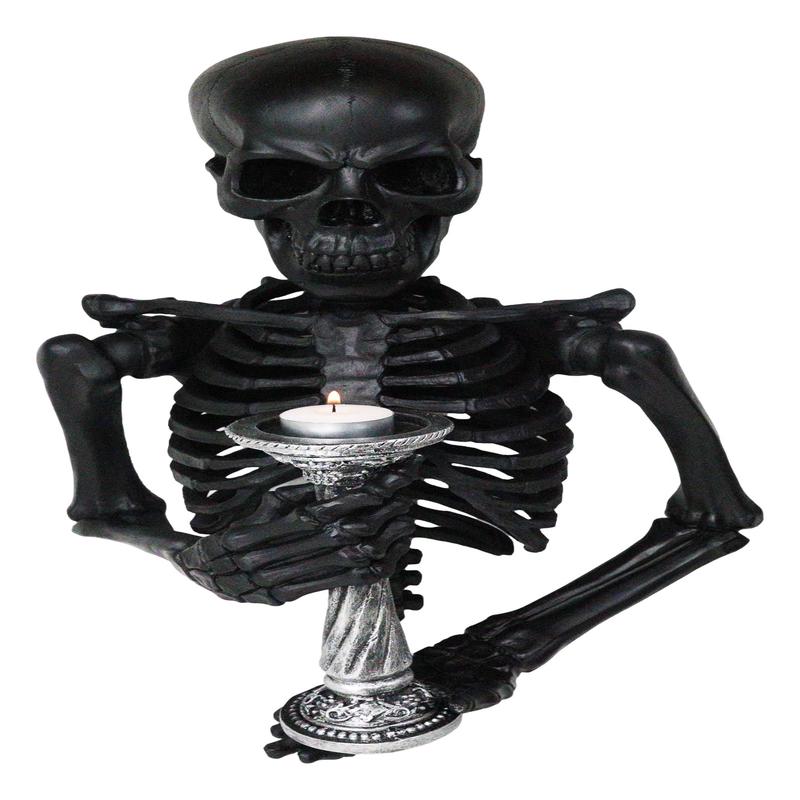 De Mortuis Hallow Impaled Grinning Bone Skeleton Wall Candleholder Sculpture 18"