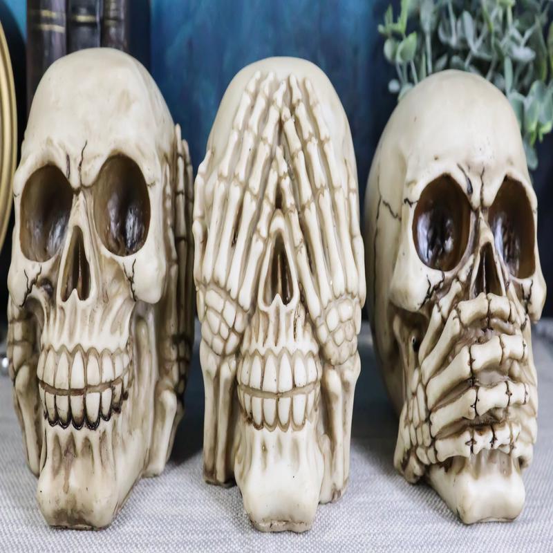 Graveyard Humor Gothic See Hear Speak No Evil Grinning Skulls Figurine Set Of 3