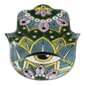 Green Chakra Hamsa Palm Mandala and Evil Eye Ceramic Dish Brass Incense Holder