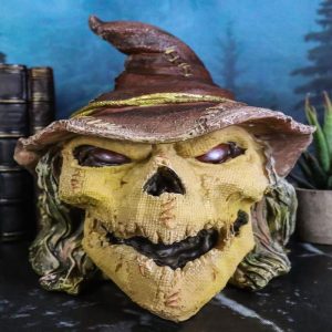 Halloween Creepy Scarecrow Straw Man Skull With Faux Leather Stitch Hat Figurine