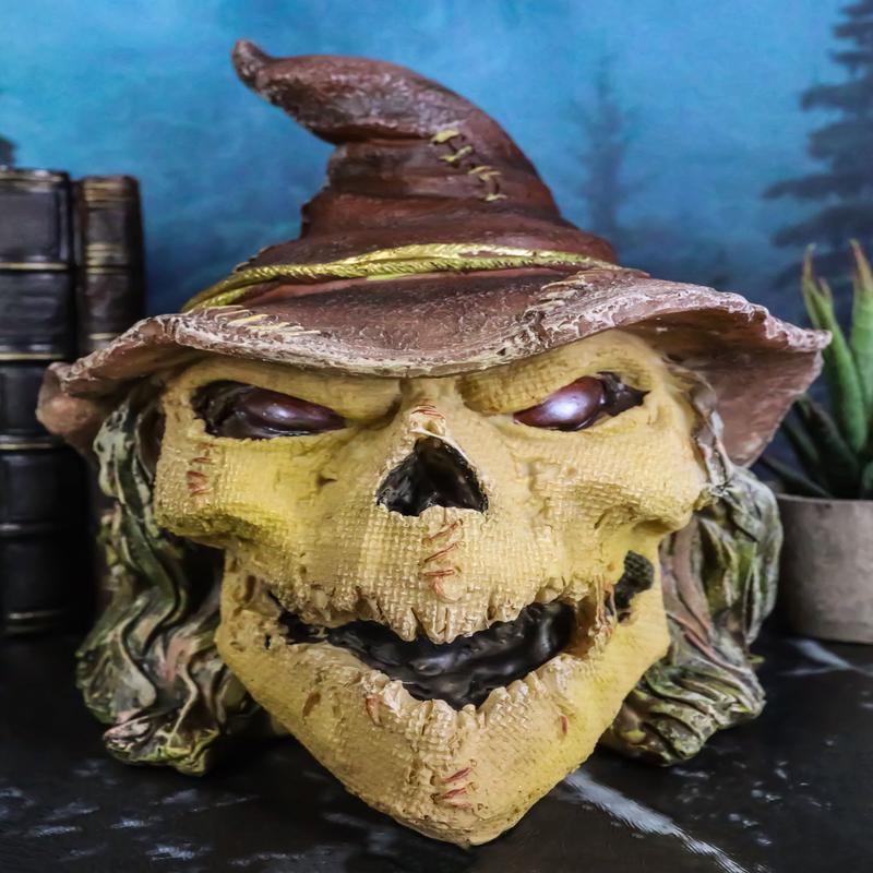 Halloween Creepy Scarecrow Straw Man Skull With Faux Leather Stitch Hat Figurine