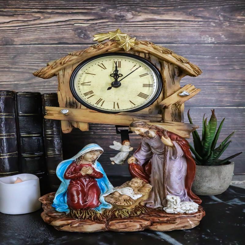 Holy Family Nativity Mary Joseph and Baby Jesus In Manger Pendulum Table Clock
