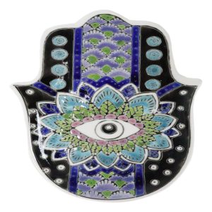Indigo Chakra Hamsa Palm Mandala and Evil Eye Ceramic Dish Brass Incense Holder