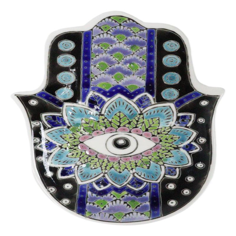 Indigo Chakra Hamsa Palm Mandala and Evil Eye Ceramic Dish Brass Incense Holder