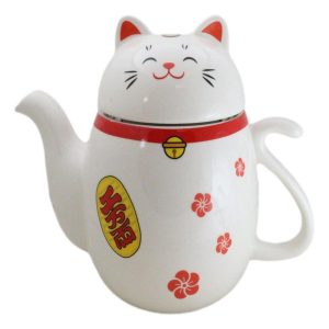 Japanese Maneki Neko Lucky Beckoning Cat Ceramic Tea Pot With Metal Strainer