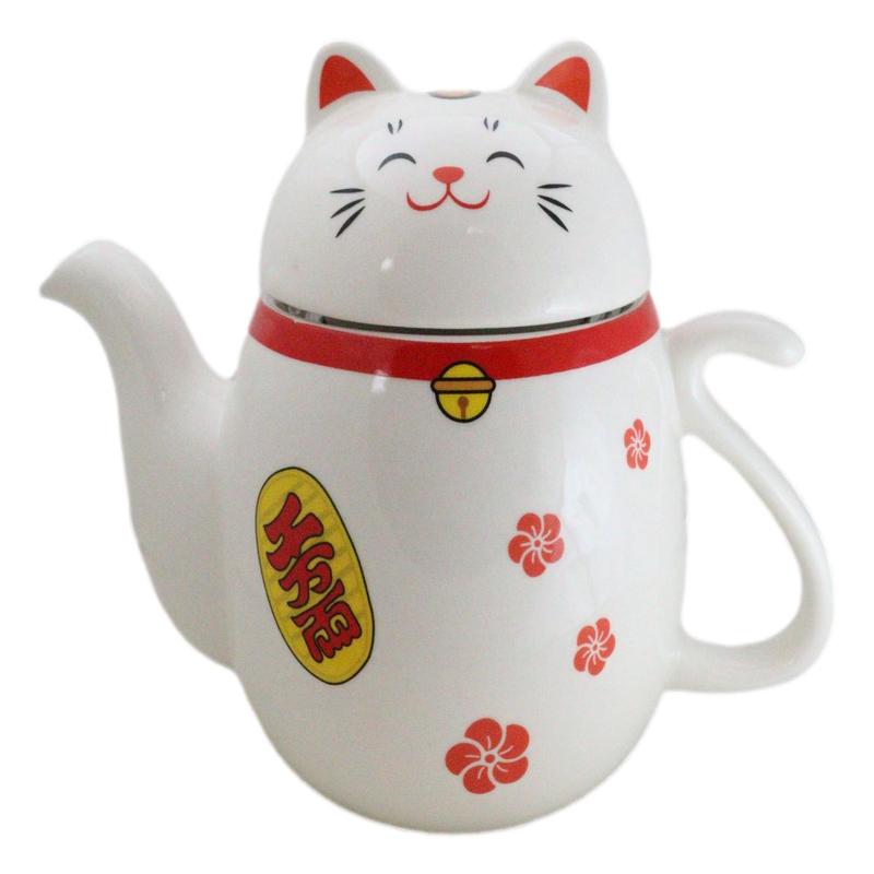 Japanese Maneki Neko Lucky Beckoning Cat Ceramic Tea Pot With Metal Strainer