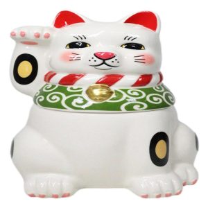 Japanese Maneki Neko Lucky Fortune Charm Cat Ceramic Cookie Jar Figurine