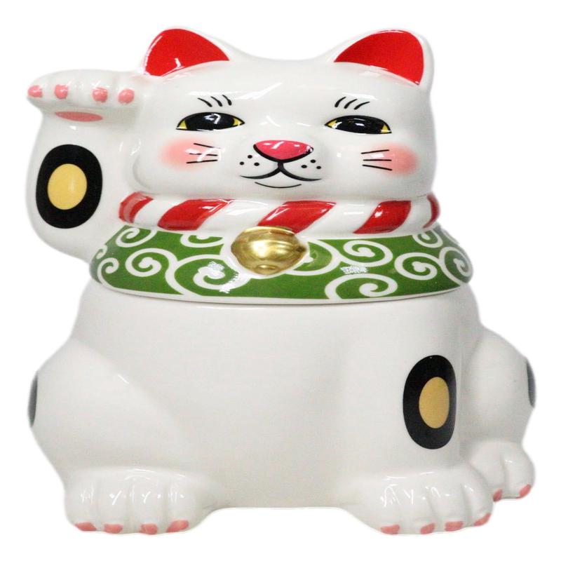 Japanese Maneki Neko Lucky Fortune Charm Cat Ceramic Cookie Jar Figurine