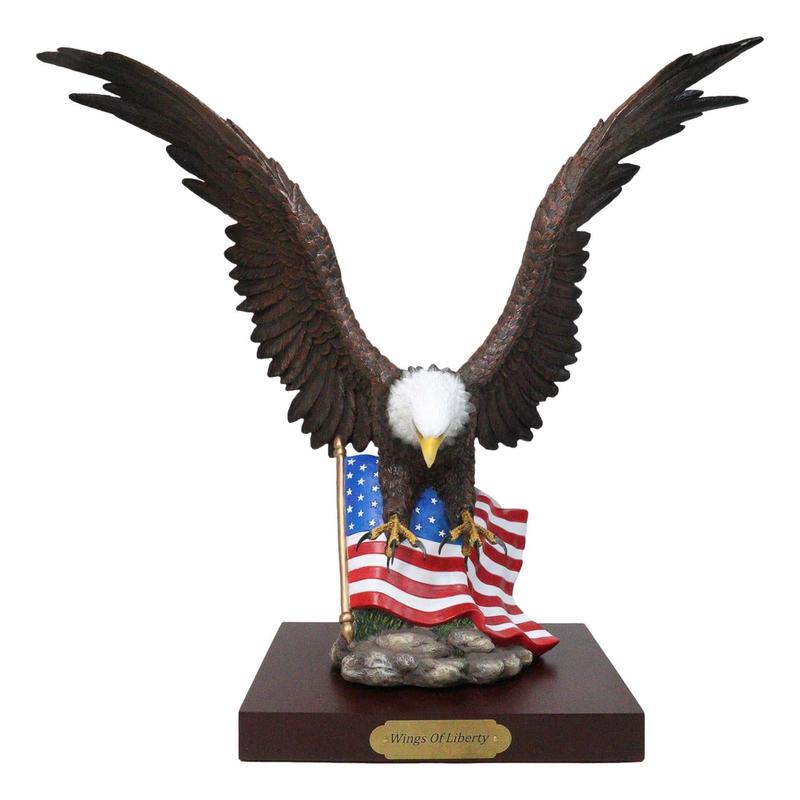 Large Wings Of Liberty Bald Eagle Flying Over American Flag Statue With Base 17"