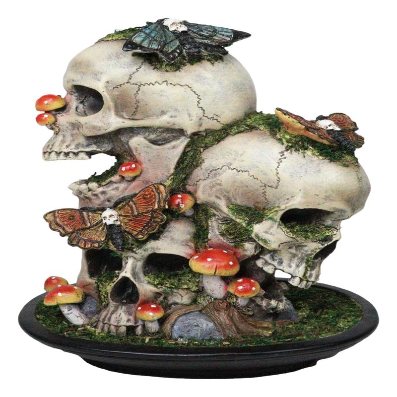 Macabre Death Moths Toadstool Mushrooms and Moss Fungi Trio Skulls Figurine