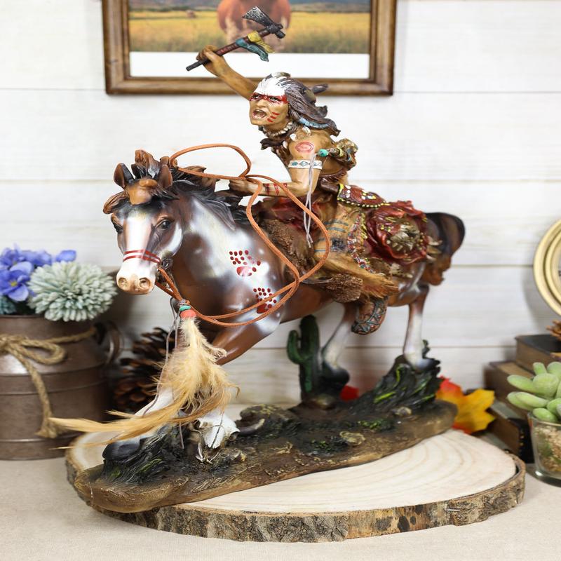Native Indian Chief Warrior With Hand Axe Charging On Warpath Horse Figurine