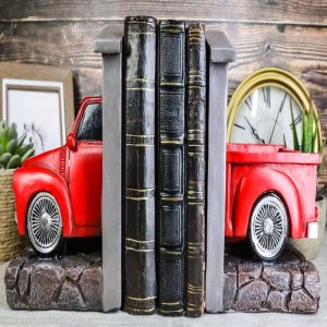 Old Fashioned Vintage Red Pickup Truck In Workshop Decorative Bookends Pair