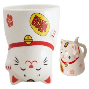 Pack Of 2 Topsy Turvy Lucky Cat Maneki Neko Ceramic Coffee Mug Cups With Handle