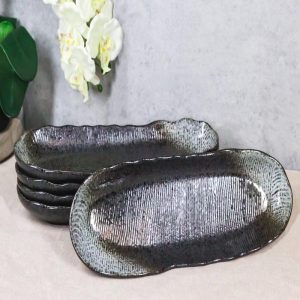 Pack Of 3 Charcoal Grey Tone Hakumu Wavy Oblong Long Serving Platter 13.25"L