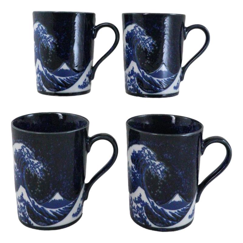 Pack Of 4 Made In Japan Navy Blue Japanese Hokusai Great Wave Of Kanagawa Mugs
