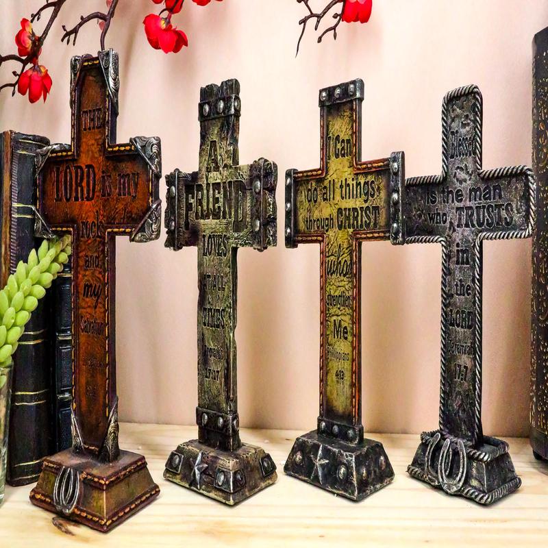 Pack Of 4 Rustic Western Inspirational Christian Bible Verses Standing Crosses